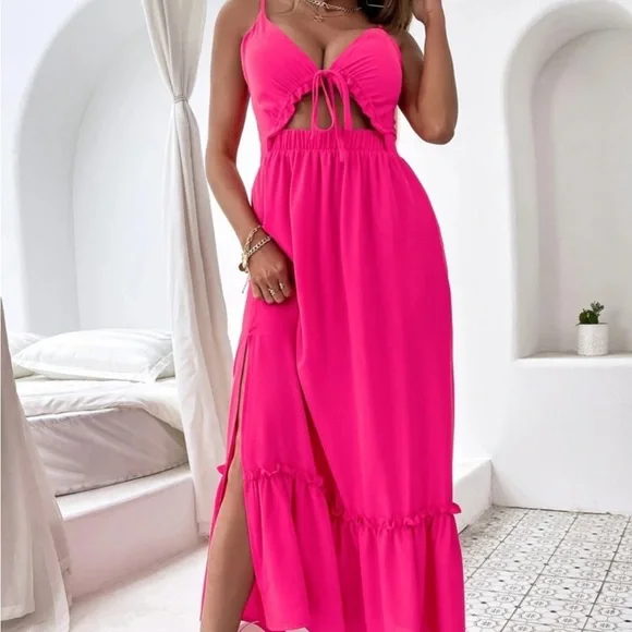 strapless open back dress SHEIN Modelyn Ladies' Stand Collar Solid Color Belted Lace Splicing El |  Dress main image 1